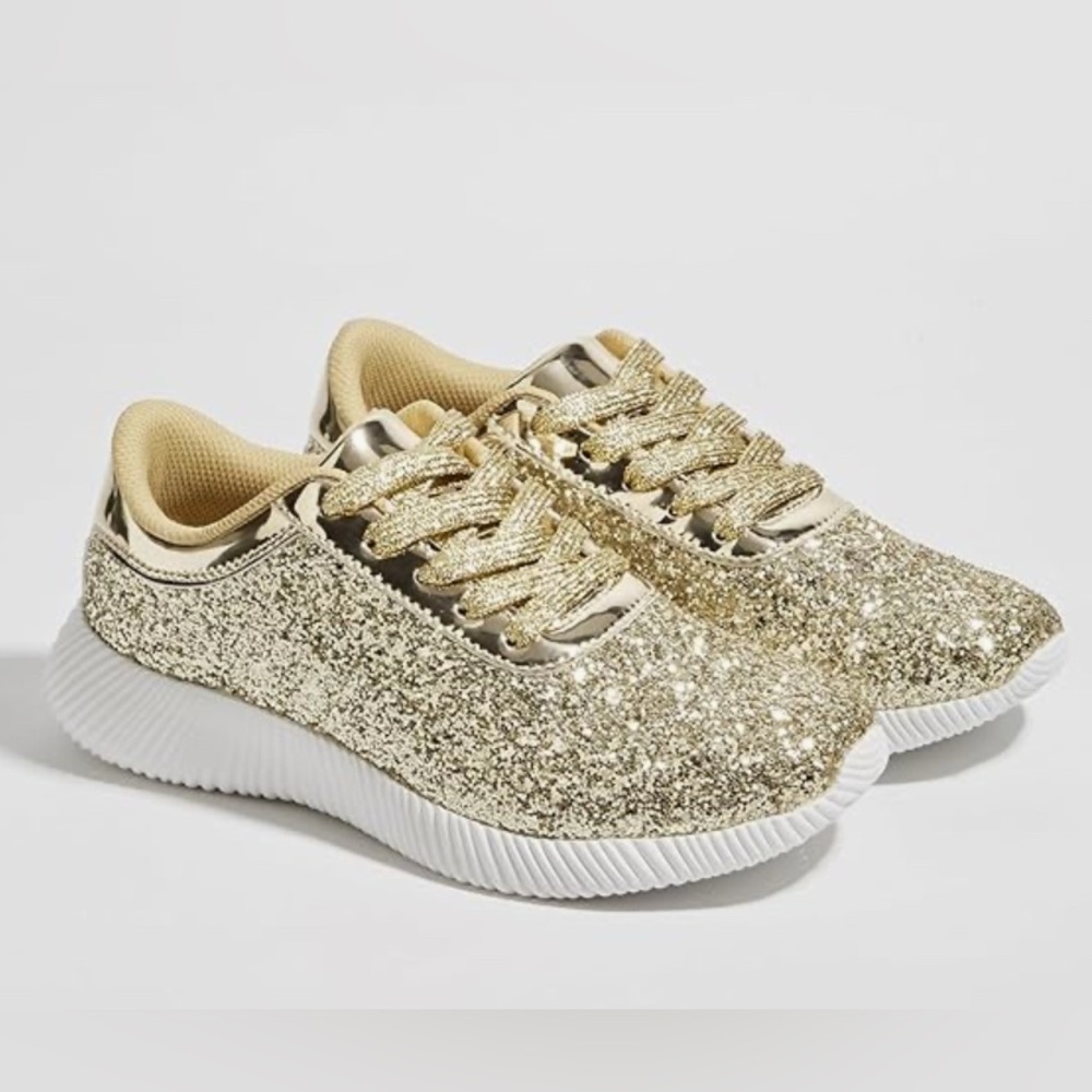 Shiny gold glitter upper sneakers. Memory foam, non-slip rubber soles. Size 7 - Picture 2 of 12